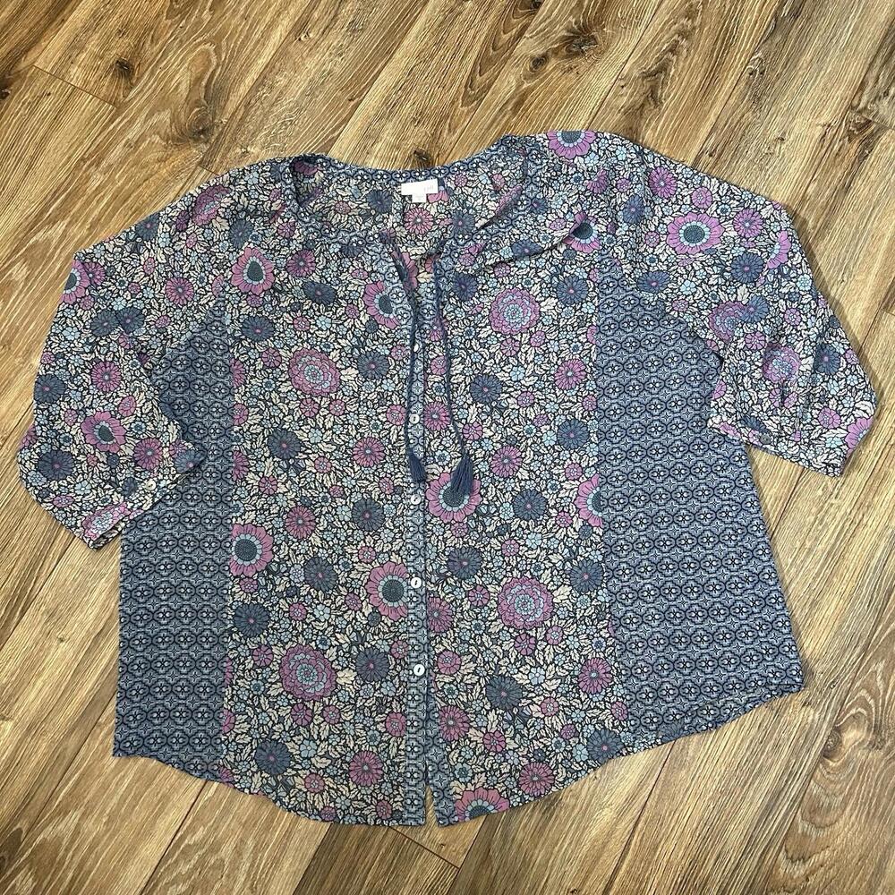 J Jill Women’s Size XL Blue Floral Sheer Peasant Blouse 3/4 Sleeve Button Up